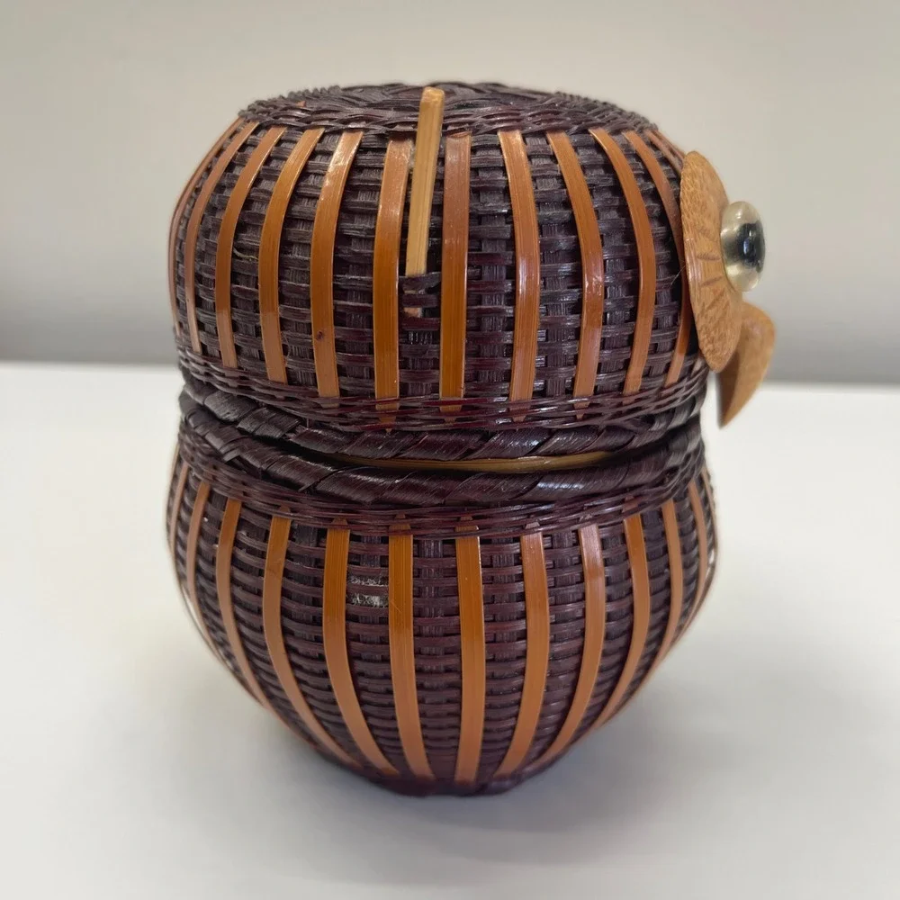 Owl Trinket Basket Small Brown Woven Bamboo Folk Art Functional Decor Vintage